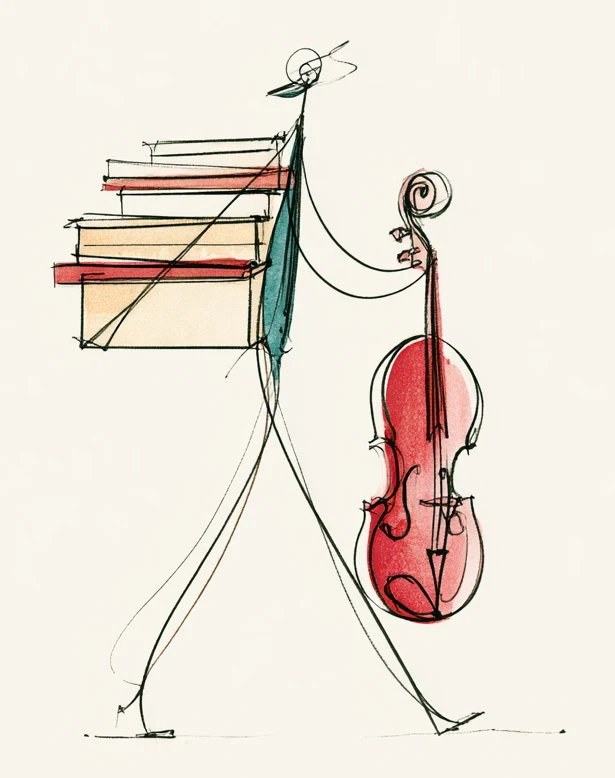 Dessin d'un musicien qui marche, une pile de partitions sous un bras et un violoncelle à la main